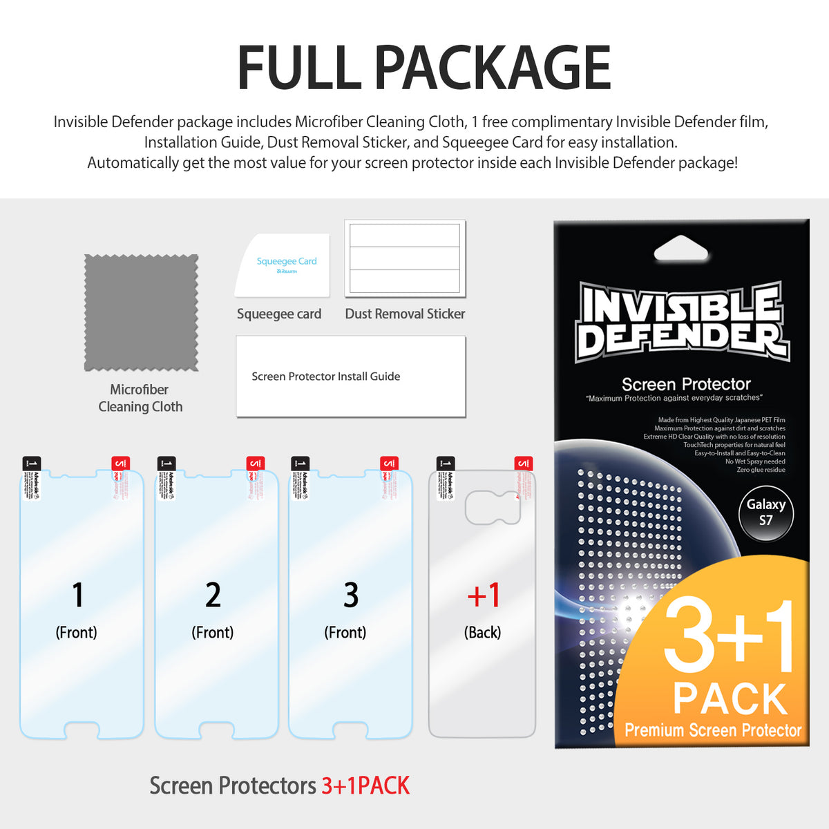 Galaxy S7 Screen Protector | Film (4P) - Four screen protector films, cleaning cloth, squeegee, and installation kit.