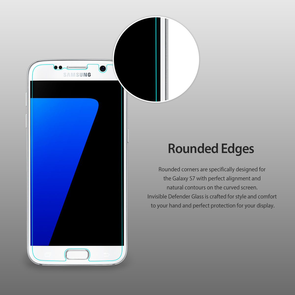 Galaxy S7 Screen Protector | Film (4P) - Smartphone with a screen protector showing a magnified view of its rounded edges.