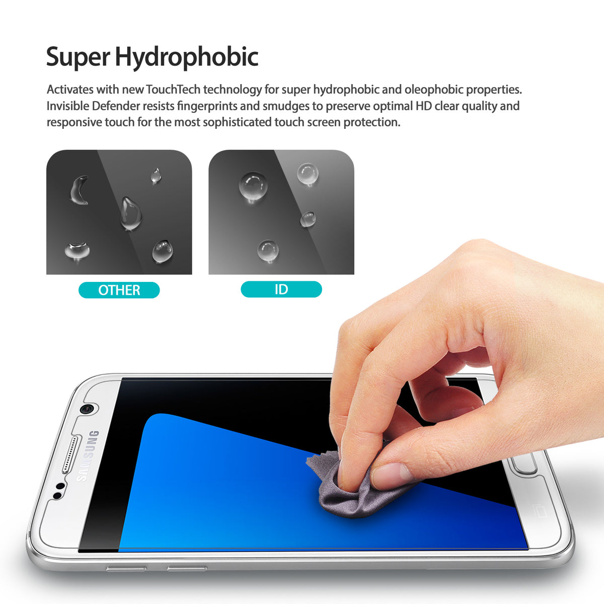 Galaxy S7 Screen Protector | Film (4P) - Comparison of water beading on standard vs. ID screen protector surfaces.