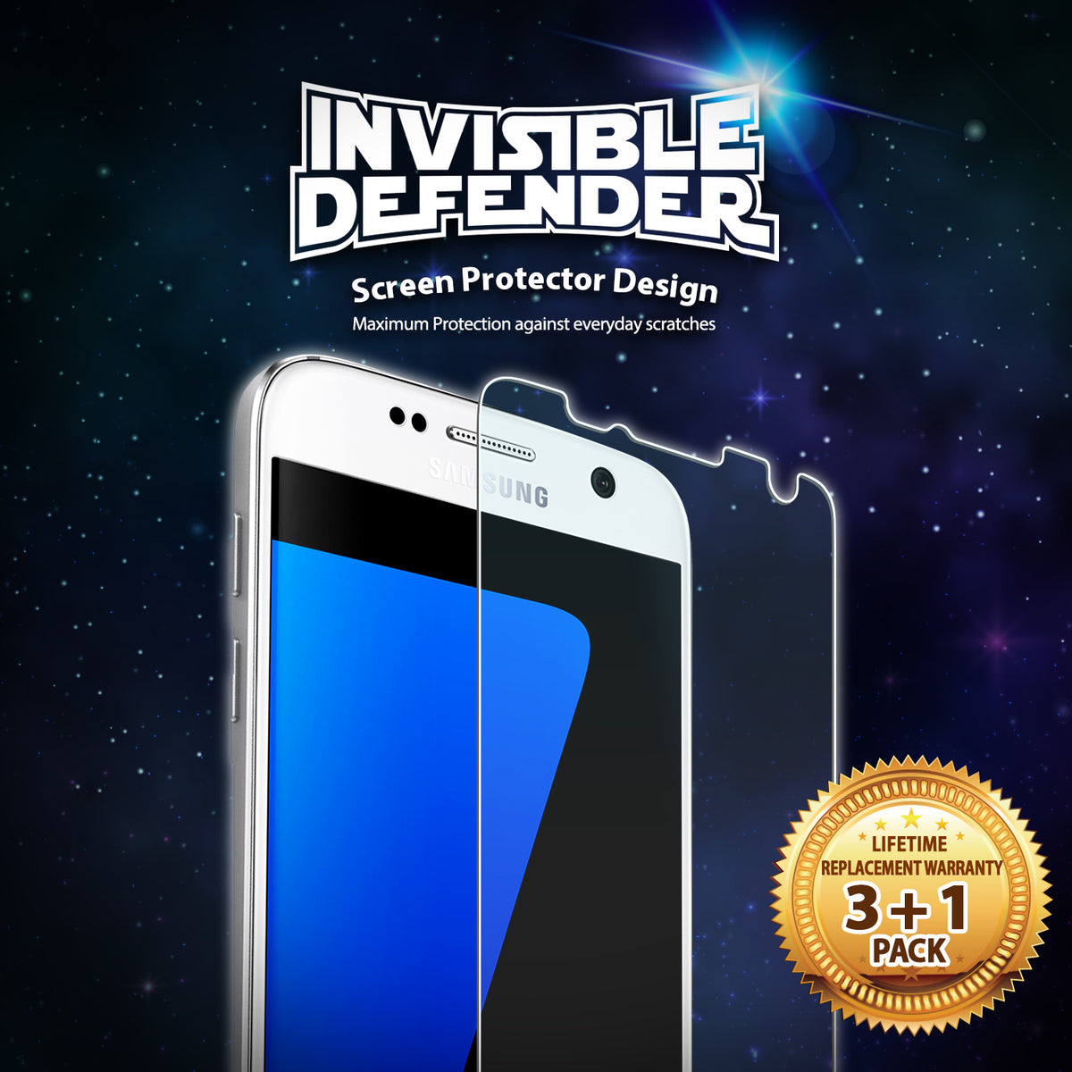 Galaxy S7 Screen Protector | Film (4P) - Galaxy S7 with a clear screen protector film and a 3+1 pack warranty badge.