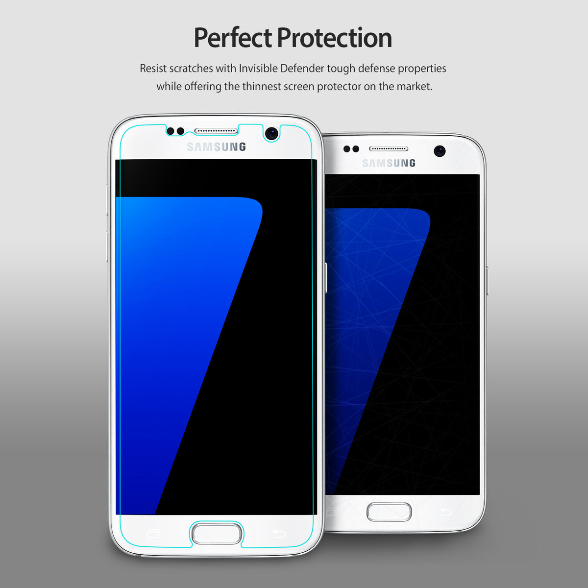 Galaxy S7 Screen Protector | Film (4P) - Two Galaxy S7 phones, one with a screen protector outline and one with scratch marks.