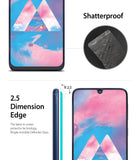 Galaxy M30 Screen Protector | Invisible Defender - Shatterproof glass detail and 2.5D rounded edge profile on a smartphone.