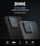 Galaxy S20 Ultra Camera Protector | Invisible Defender Glass - Galaxy S20 Ultra Camera Protector - Transparent glass lens covers applied to the rear camera module of two black phones.