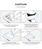 Galaxy S20 Camera Protector | Invisible Defender Glass - Galaxy S20 Camera Protector - Four-step illustrated guide showing how to clean, peel, align, and press the lens protector.