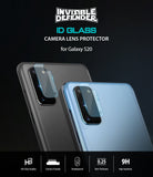 Galaxy S20 Camera Protector | Invisible Defender Glass - Galaxy S20 Camera Protector - Glass lens covers applied to gray and blue Galaxy S20 phones with product feature icons.
