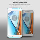 Moto G4 Screen Protector | Film - Two Moto G4 smartphones side-by-side, one with a clear screen protector film applied.
