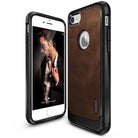 iPhone 7 Case | Flex S - Front and back view of a brown leather-textured phone case with black carbon fiber accents.