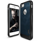 iPhone 7 Case | Flex S - Deep blue protective case with black carbon fiber accents shown from front and back angles.