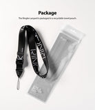 Design Lanyard Strap - A black Ringke branded lanyard with a white logo next to its recyclable plastic travel pouch.