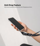 Design Lanyard Strap - A hand holding a smartphone attached to a black, adjustable fabric lanyard for anti-drop security.