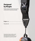 Design Lanyard Strap - Close-up of a black Ringke lanyard buckle with labels highlighting its logo and polycarbonate material.