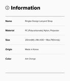 Design Lanyard Strap - Information table listing product name, materials, dimensions, origin, and Ash Orange color.