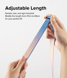 Design Lanyard Strap - Hands adjusting the length of a blue and pink gradient fabric lanyard with a black plastic slider.