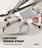 Design Lanyard Strap - Three colorful fabric lanyards with black clips arranged around a smartphone on a sketchbook.