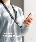 Design Lanyard Strap - Person wearing a black branded lanyard strap connected to a smartphone in a clear case.
