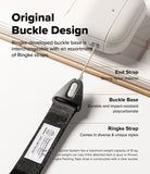 Design Lanyard Strap - Diagram showing a white case attached to a black Ringke lanyard via a durable polycarbonate buckle.
