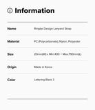 Design Lanyard Strap - Information table listing product name, materials, dimensions, origin, and color for the strap.