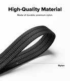 Design Lanyard Strap - A black textured nylon loop strap on a white background with text reading 'High-Quality Material' and 'Made of durable, premium nylon.'.