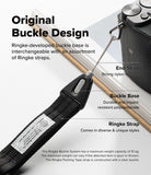 Design Lanyard Strap - A close-up product diagram of a black webbing camera strap with a black buckle base and metal end strap, shown with labeled callouts including 'Original Buckle Design,' 'End Strap,' 'Buckle Base,' and 'Ringke Strap.' The photo is on a light gray background with a partial camera visible at the top right.