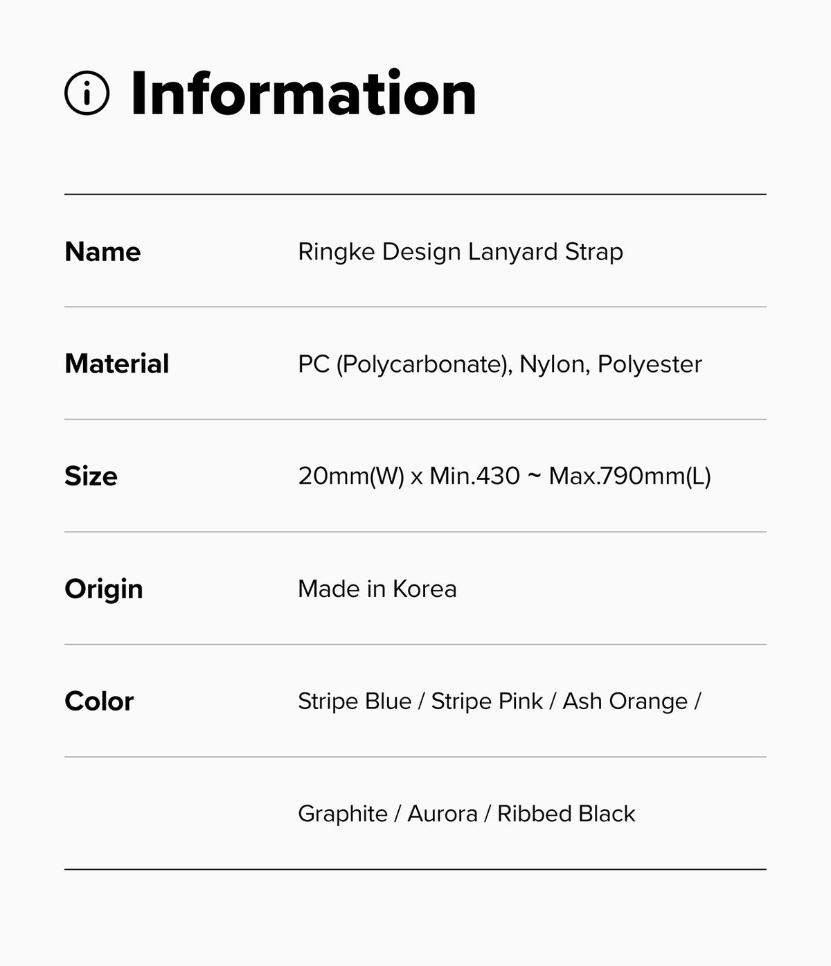 Design Lanyard Strap - A clean informational graphic with a black i icon and the heading 'Information' above a table listing the Ringke Design Lanyard Strap details, including material, size, origin, and available colors, on a light gray background.