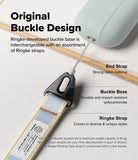 Design Lanyard Strap - Diagram showing a Ringke buckle base, nylon end strap, and patterned fabric lanyard with labels.