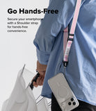 Design Lanyard Strap - Person wearing a pink and white striped shoulder strap attached to a clear smartphone case.