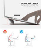 Laptop Stand - Side view of a laptop on an ergonomic stand with posture comparison diagrams showing improved spinal alignment.