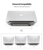 Laptop Stand - Gray adhesive laptop stand attached to various sized silver laptops, showing 8.9-inch width and compatibility.
