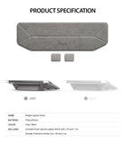 Laptop Stand - Gray foldable laptop stand with two nonslip stickers, shown flat and attached to a laptop with specifications.