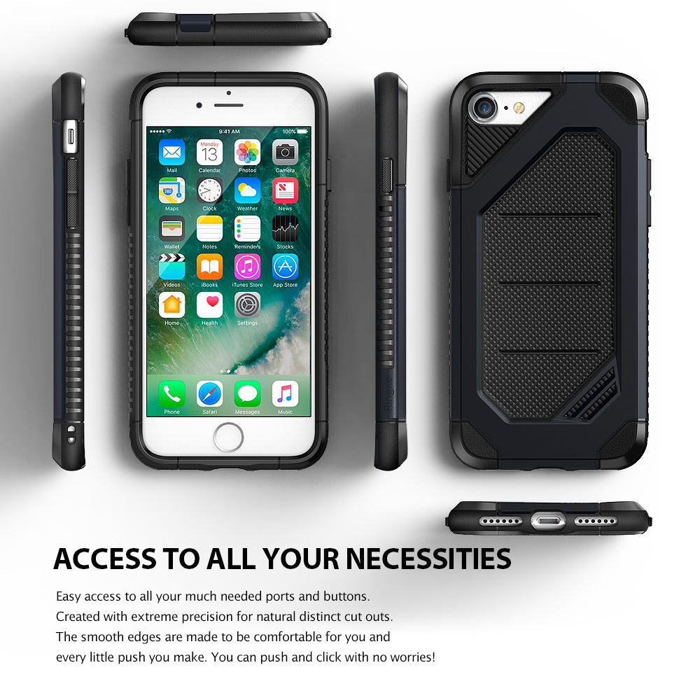 iPhone 8 / 7 Case | Max - Multiple views of a rugged black protective phone case showing front, back, and side port cutouts.