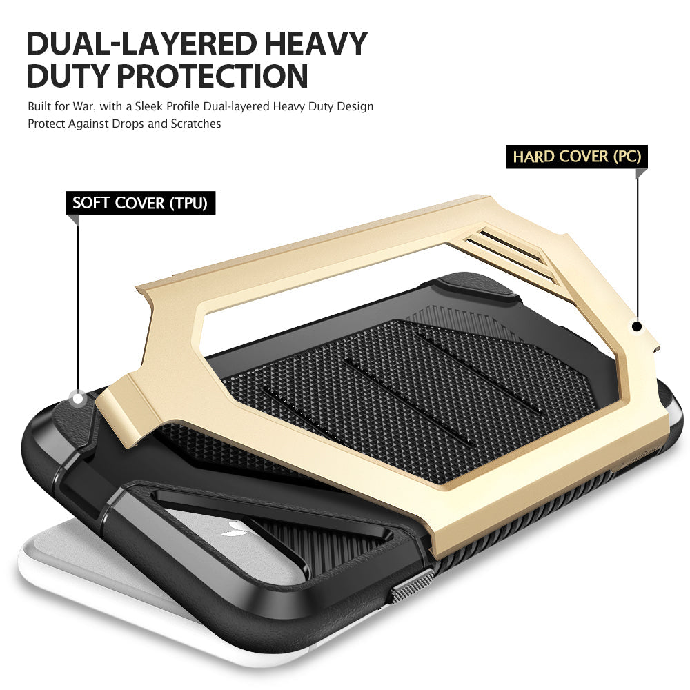 iPhone 8 / 7 Case | Max - Exploded view of a dual-layer phone case with a gold hard shell and black soft TPU inner cover.