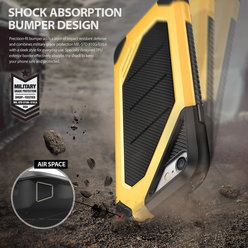 iPhone 8 / 7 Case | Max - Rugged yellow and black phone case shown hitting the ground with text about shock absorption.