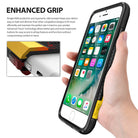 iPhone 8 / 7 Case | Max - Hand holding a phone in a black and yellow protective case with a close-up of the bumper design.