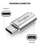 Micro USB to Type C Adapter - Silver Ringke adapter showing USB-C and Micro USB ports with reversible connector label.