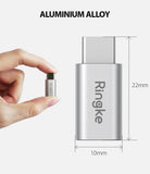 Micro USB to Type C Adapter - Silver aluminum adapter held by fingers, shown with 22mm by 10mm dimensions.