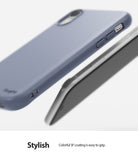 iPhone XR Case | Air-S - Lavender gray phone case with a matte finish and precise button cutouts angled above a phone.