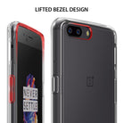OnePlus 5 Case | Fusion - Clear phone case with red accents highlighting the lifted bezel design around the screen and camera.
