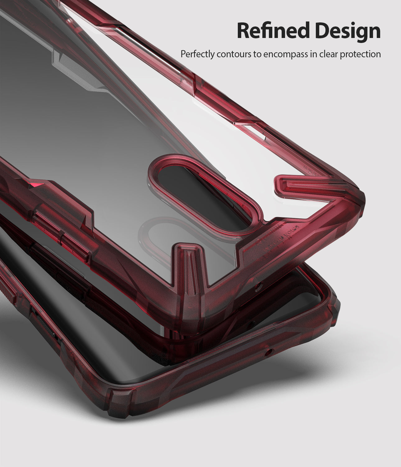 OnePlus 7 Case | Fusion-X - A ruby red, transparent protective phone case with a rugged, contoured frame design.