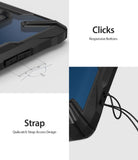 OnePlus 7 Pro Case | Fusion-X - Close-ups of responsive buttons and a Quikcatch strap hole on a black protective phone case.