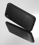 iPhone XS Case | Onyx - Black protective phone case with brushed texture and diagonal ribbed corners, shown with reflection.