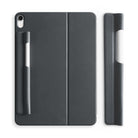 Pen Sleeve - Dark gray adhesive stylus holder attached to a tablet case, shown with and without a stylus inserted.