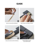 Pen Sleeve - Four-step instructional guide showing how to peel and stick an adhesive pen holder onto a device case.