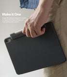 Pen Sleeve - A hand holds a black tablet folio case featuring a matching pen sleeve attached to the side.