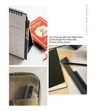 Pen Sleeve - A grey adhesive pen holder attached to a calendar, a notebook, and a fabric bag, holding various pens.