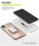 Power Clip Wing Car Mount - Two smartphones with clear cases showing metal mounting plates attached inside and outside.