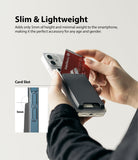 Card Holder | Slot [3 Cards] - Hands inserting a credit card into a slim, black adhesive card holder attached to a phone.