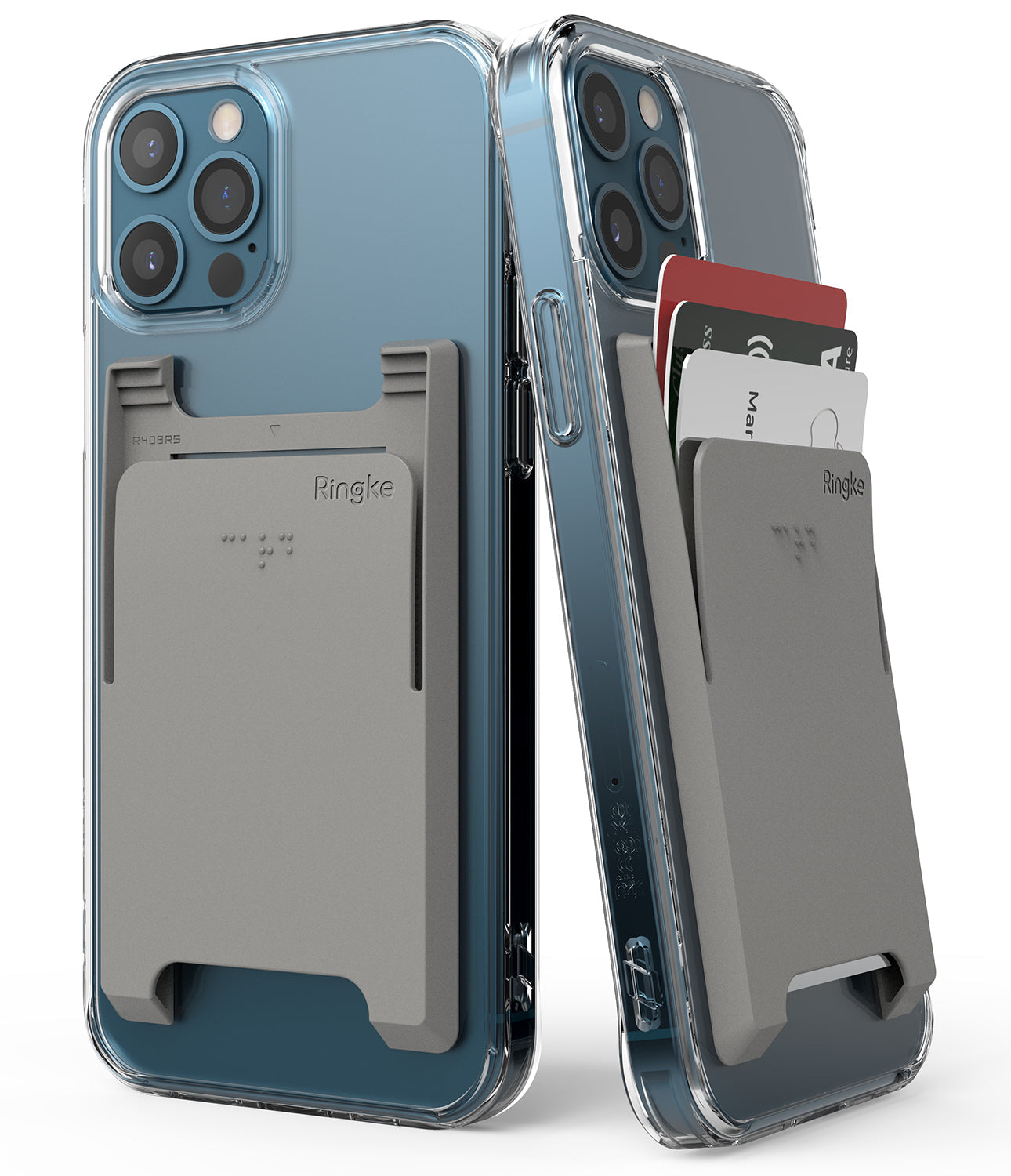 Card Holder | Slot [3 Cards] - Two clear phone cases with gray adhesive card holders, one empty and one holding three cards.