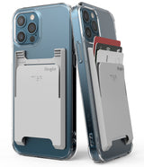 Card Holder | Slot [3 Cards] - Two blue iPhones with clear cases featuring a grey Ringke card holder holding three cards.