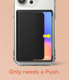 Card Holder | Side Slot - Black phone card holder with a card sliding out to the right, indicated by a yellow arrow.