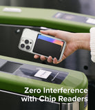 Card Holder | Side Slot - Hand holding a phone with a card holder over a subway turnstile contactless payment reader.